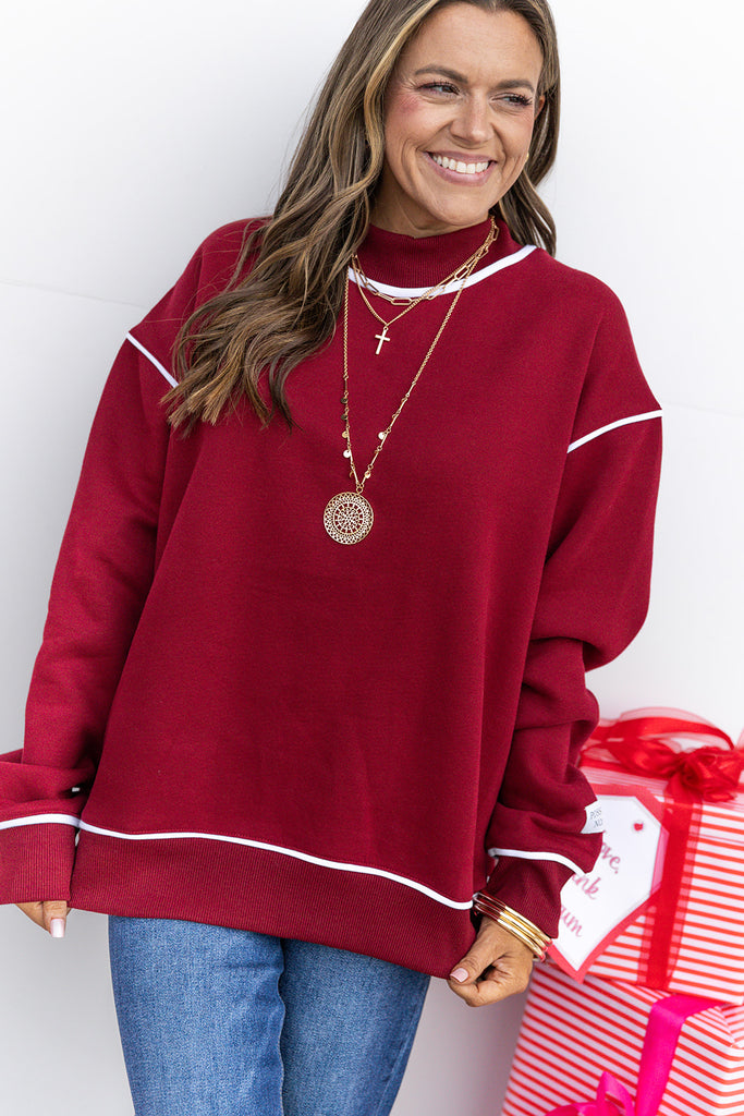 Off Duty Piped Mock Neck Sweatshirt - Maroon