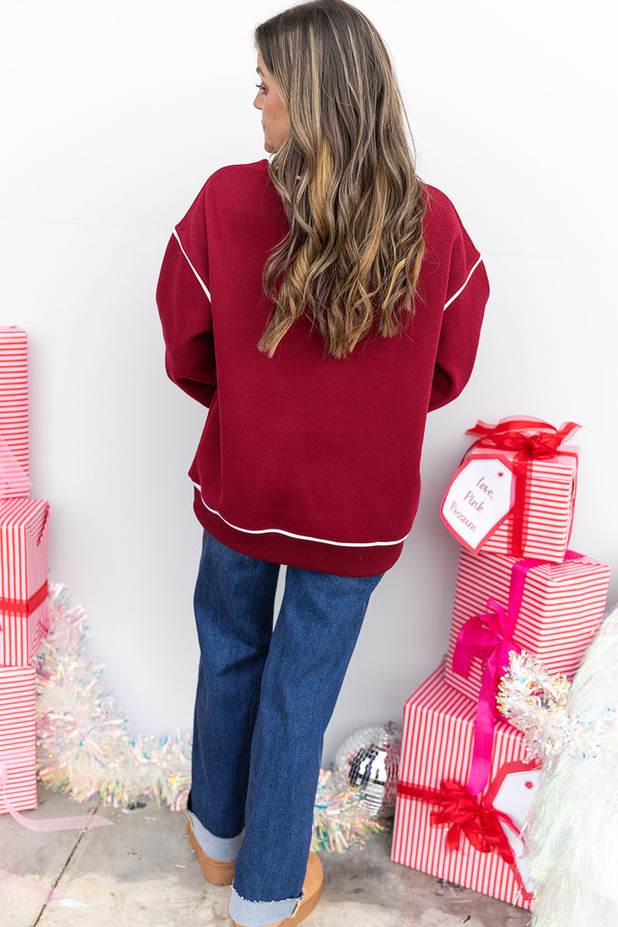 Off Duty Piped Mock Neck Sweatshirt - Maroon