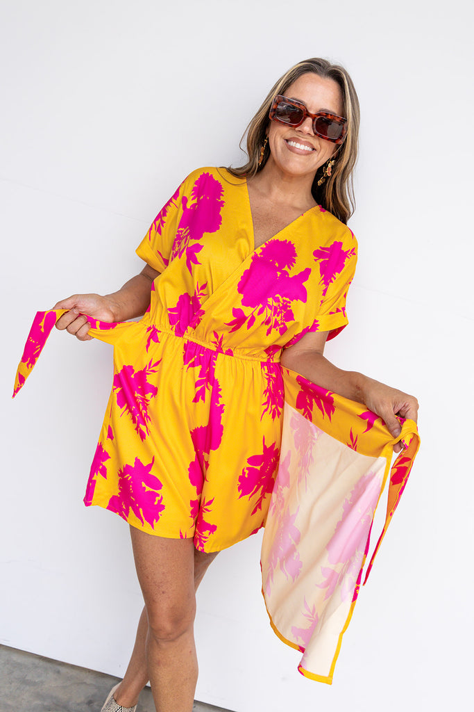 Golden Hour Floral Romper - Orange