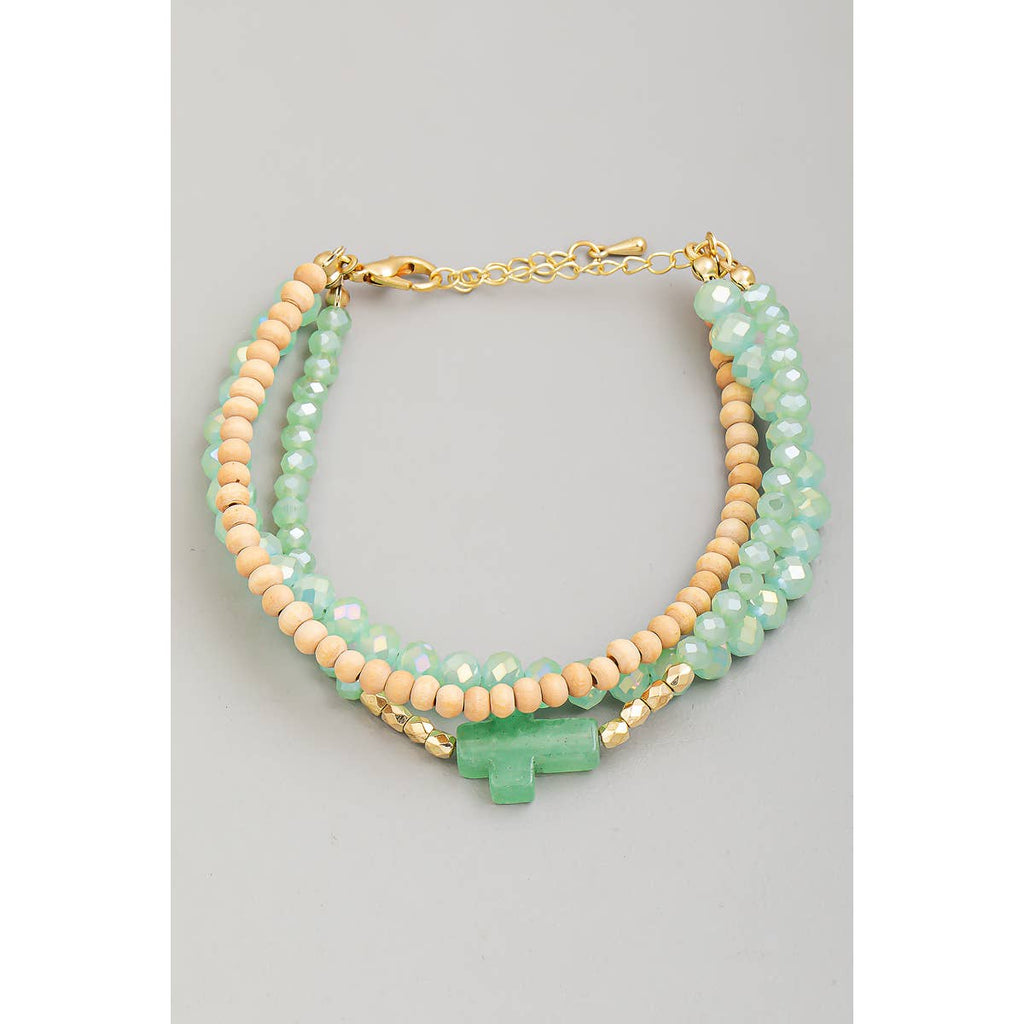 Stone Cross Charm Beaded Bracelet Set-Pink