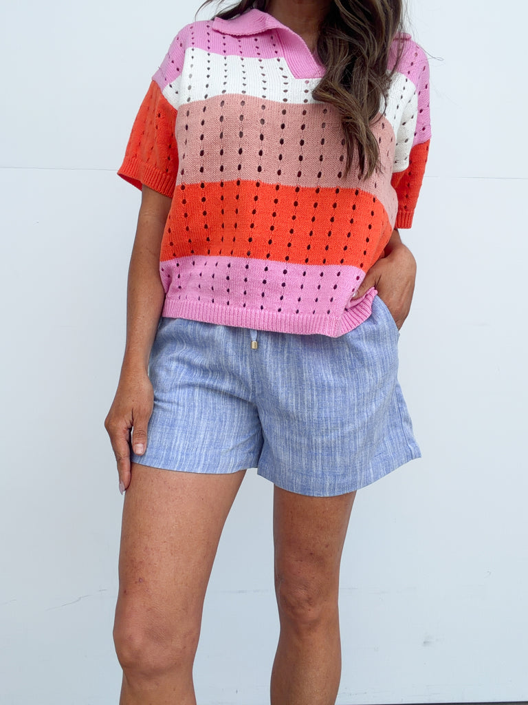 Blue Strips Linen Shorts - Blue