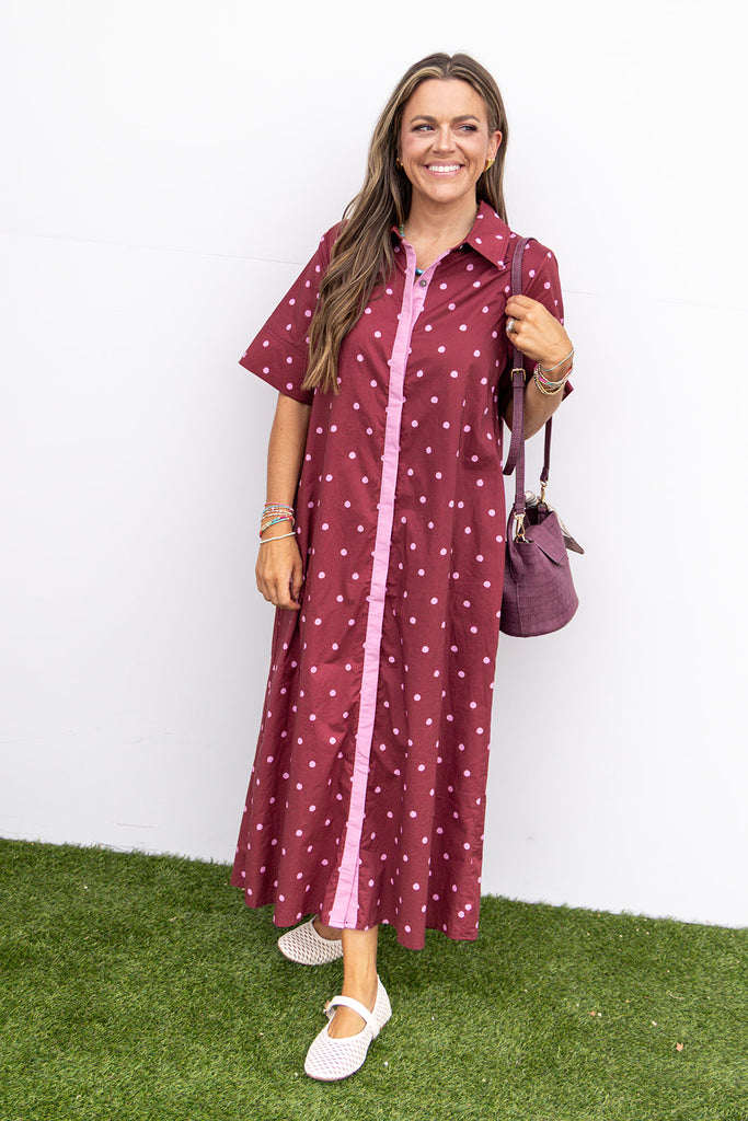 Dotted In Style Midi Dress - Burgundy