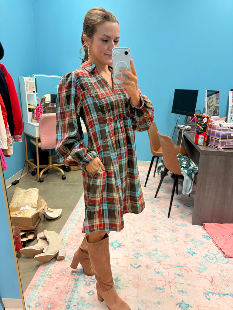 Merry Tartan Mini Dress - Chocolate