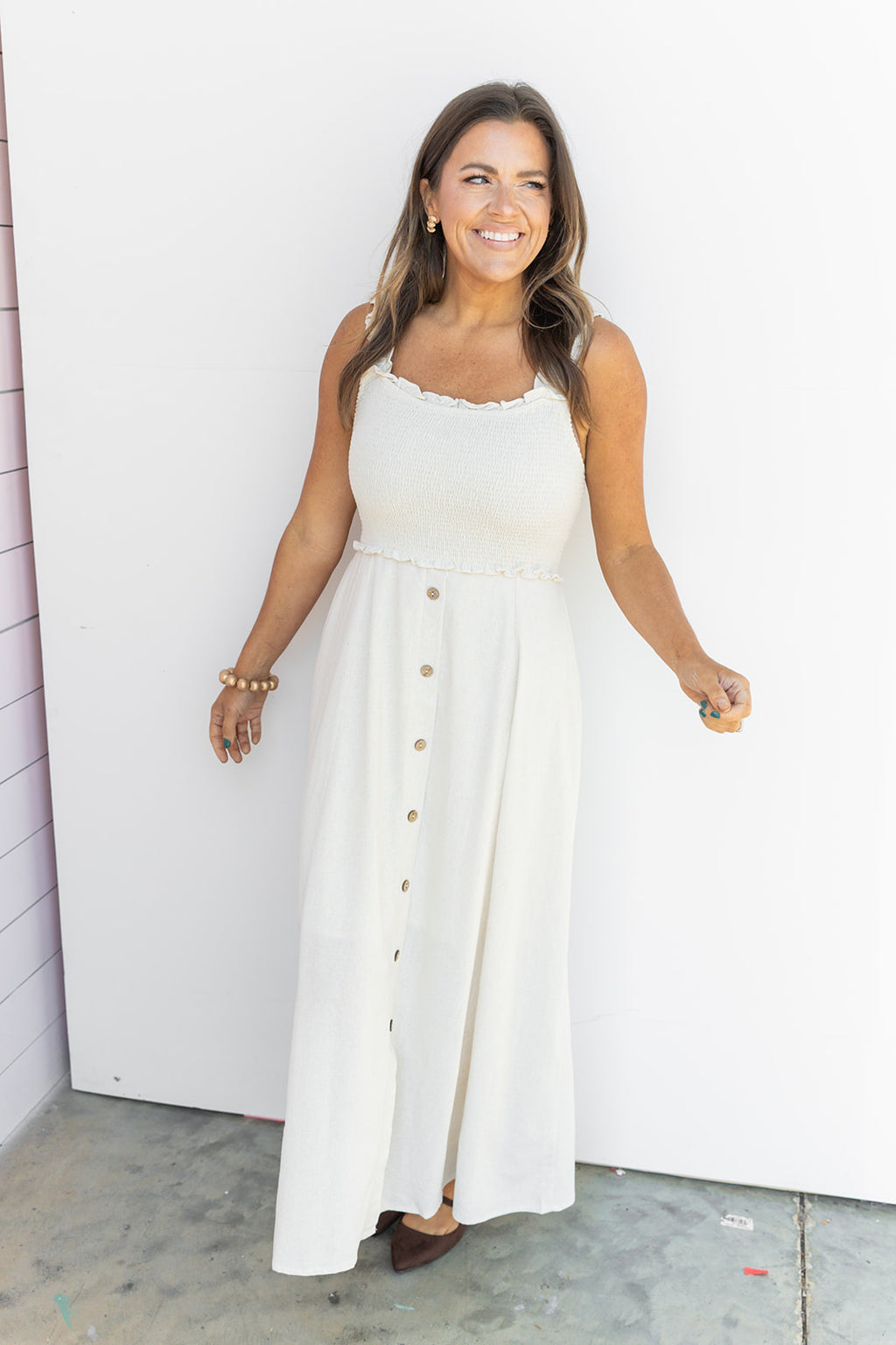 The Meadow Breeze Smocked Midi- Khaki