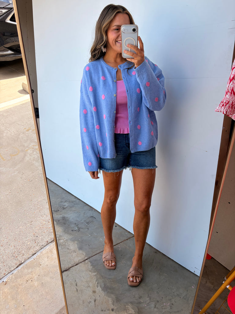 Choosin' Texas Cardigan - Pink/ Blue Poolka Dot