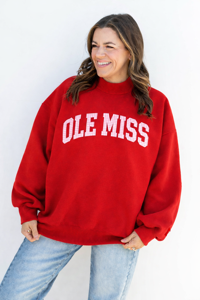 Embroidered Ole Miss Gingham Mock Neck - PRE ORDER
