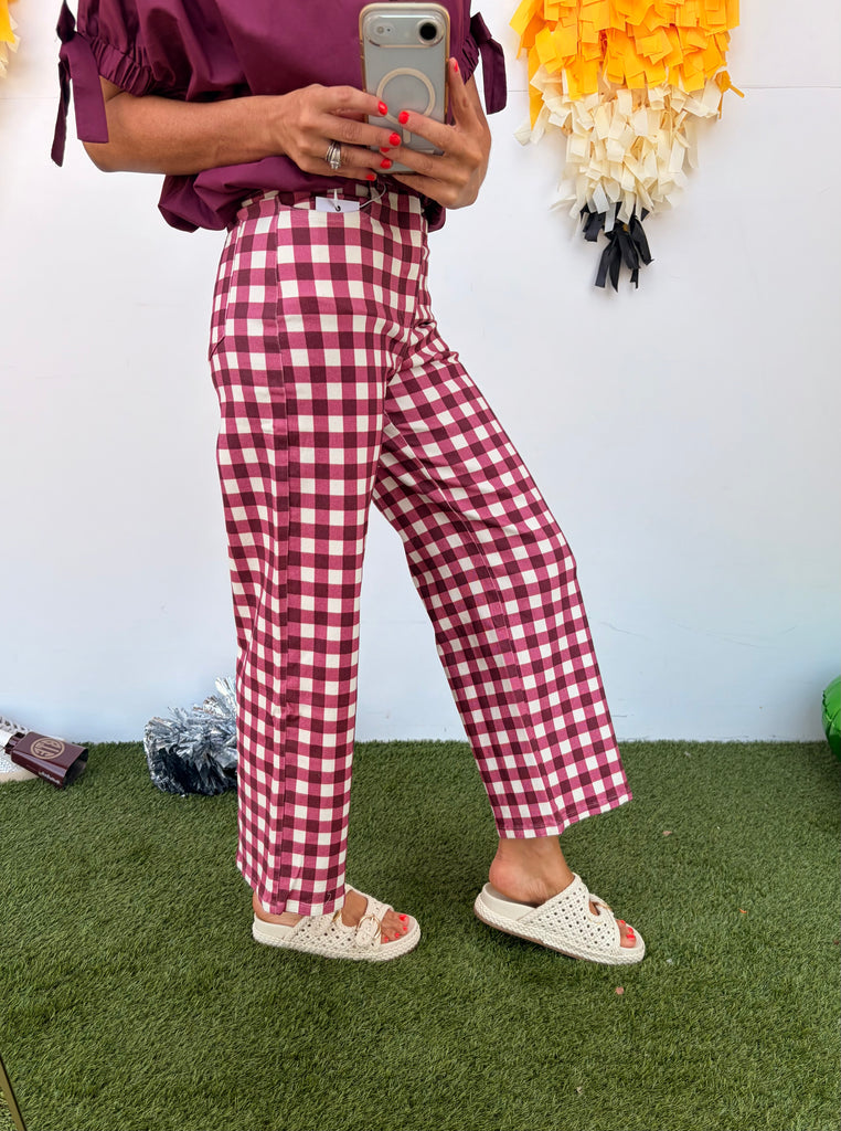 I See You Gingham Pants - Burgundy
