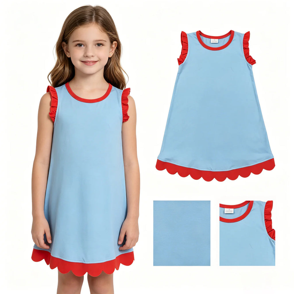 Cotton Scalloped Dress - Red/ blue