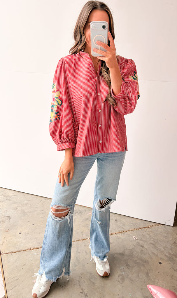 Stripe Delight Floral Blouse - Red