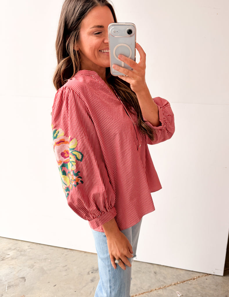 Stripe Delight Floral Blouse - Red
