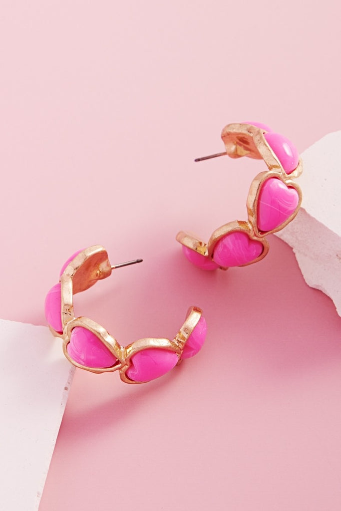 Vintage Heart Hoops- Hot Pink