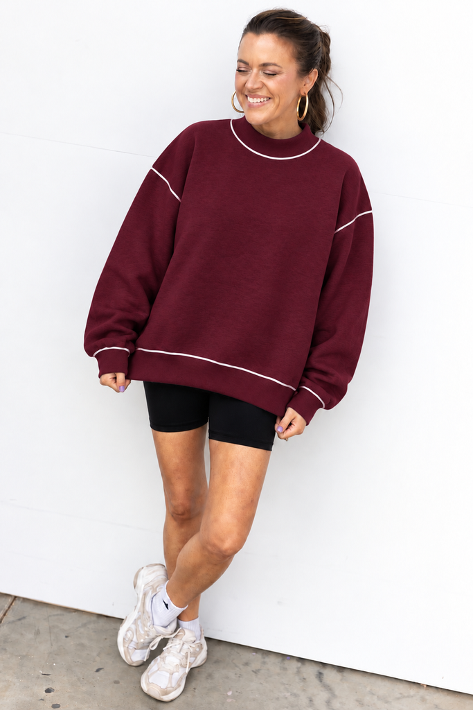 Off Duty Piped Mock Neck Sweatshirt - Maroon