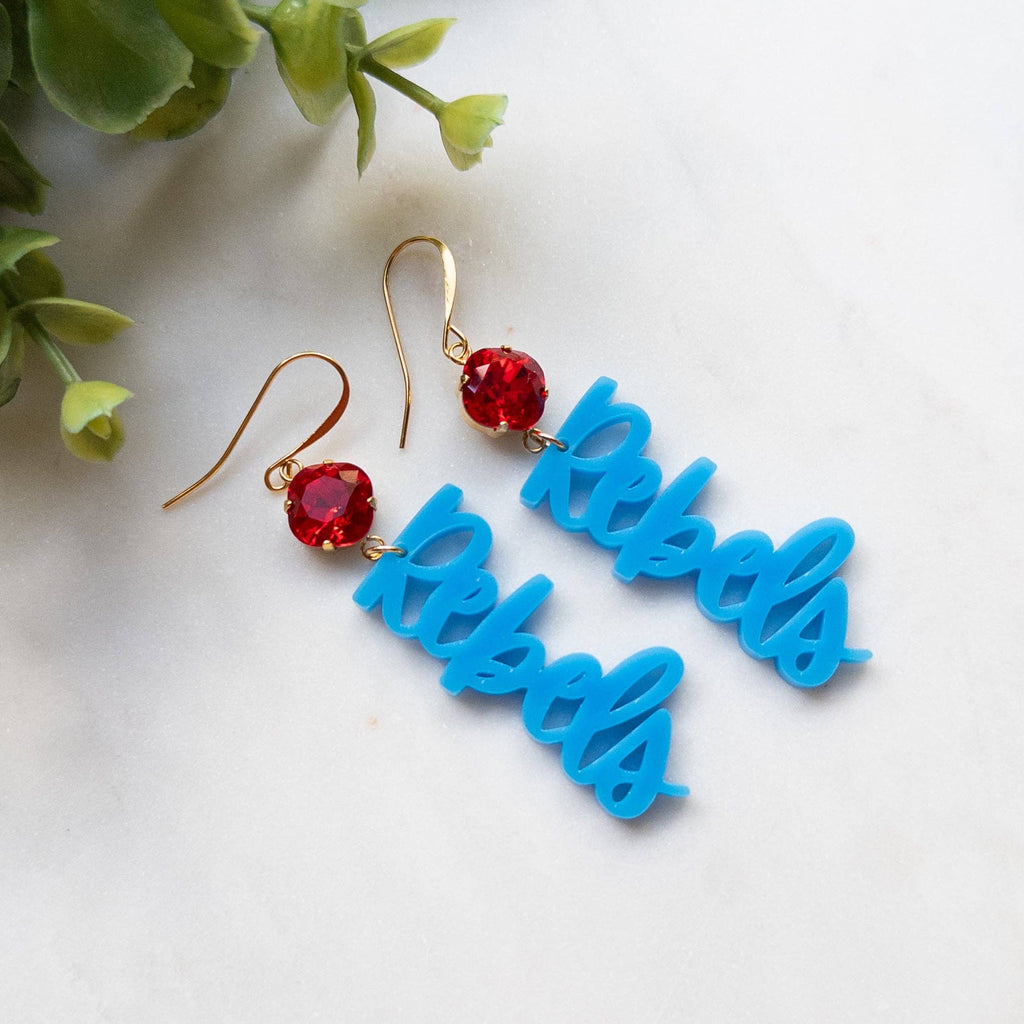 Blue Rebels Earrings w/Red Stone