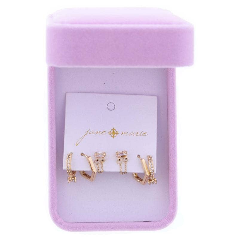 Set of 3, Crystal with Chain, Huggie, Heart Huggie Earrings