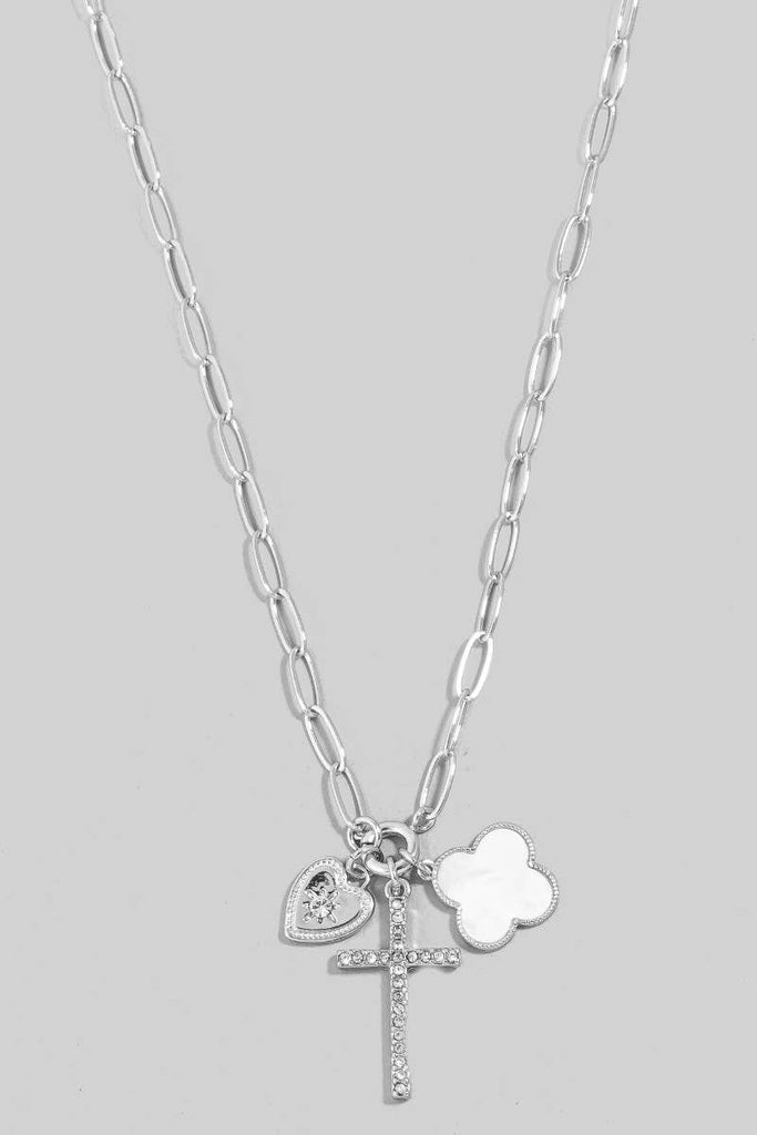 Pave Heart Cross And Shell Clover Charms Chain Necklace: GDCRM