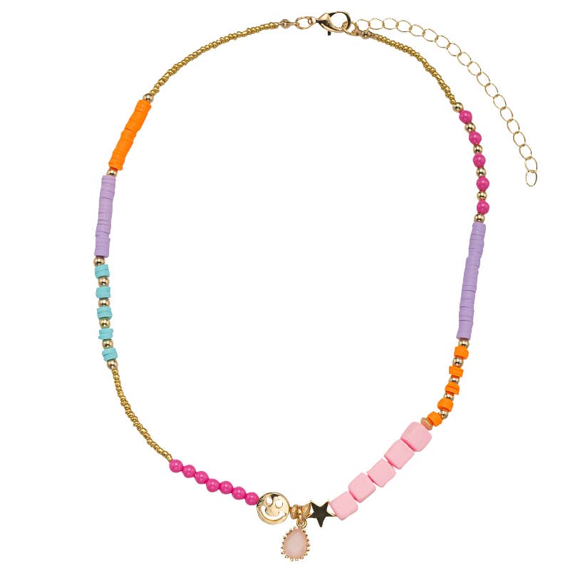 Kids Rainbow Necklace with Face, Star, Pink Teardrop