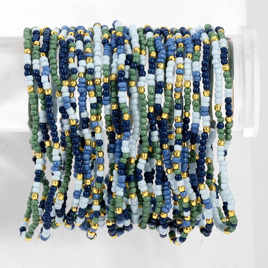 Assorted 2mm Stretch Seed Bead Bracelets: Blue/Mint/White