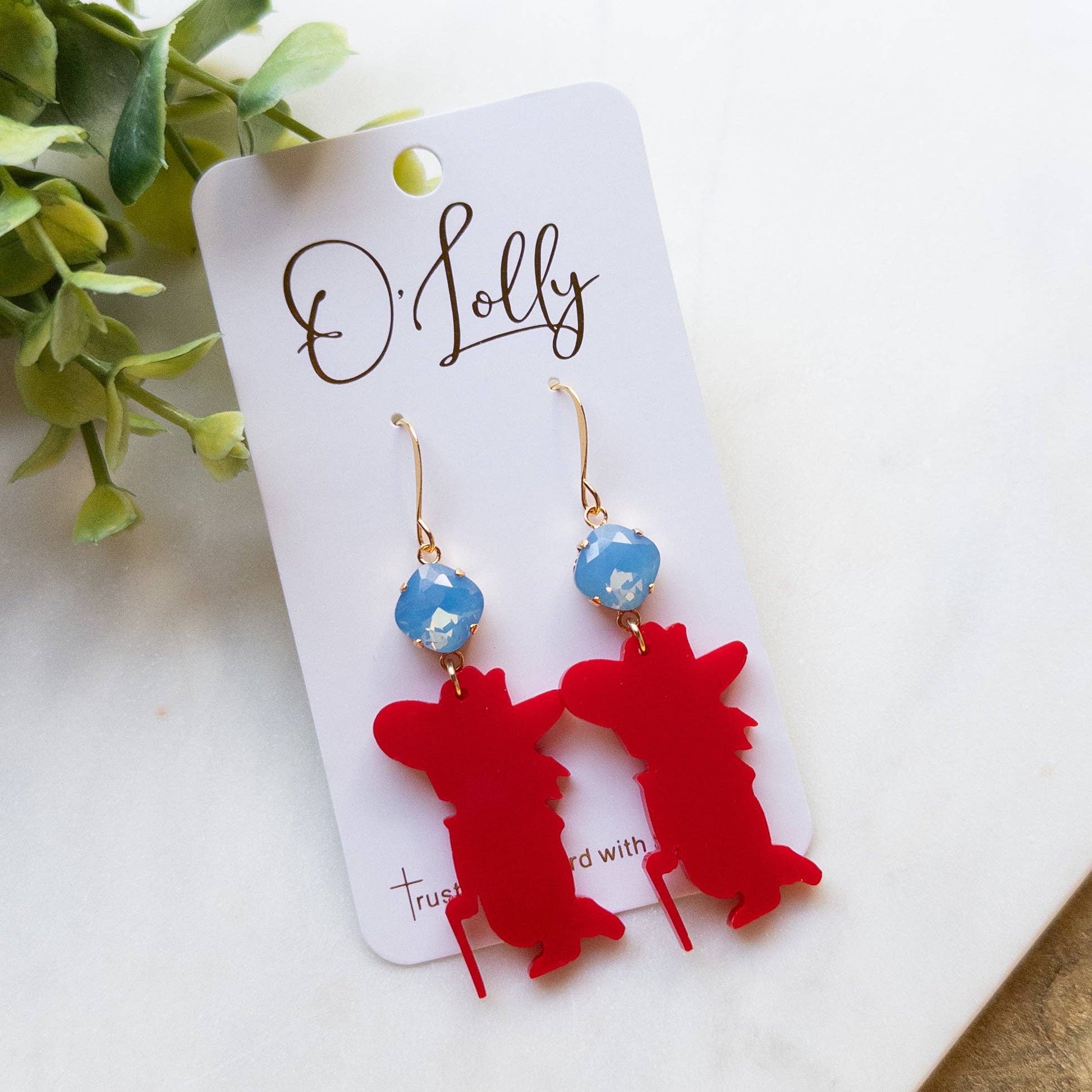 Red Acrylic Rebel Man Earrings w/Blue Stone