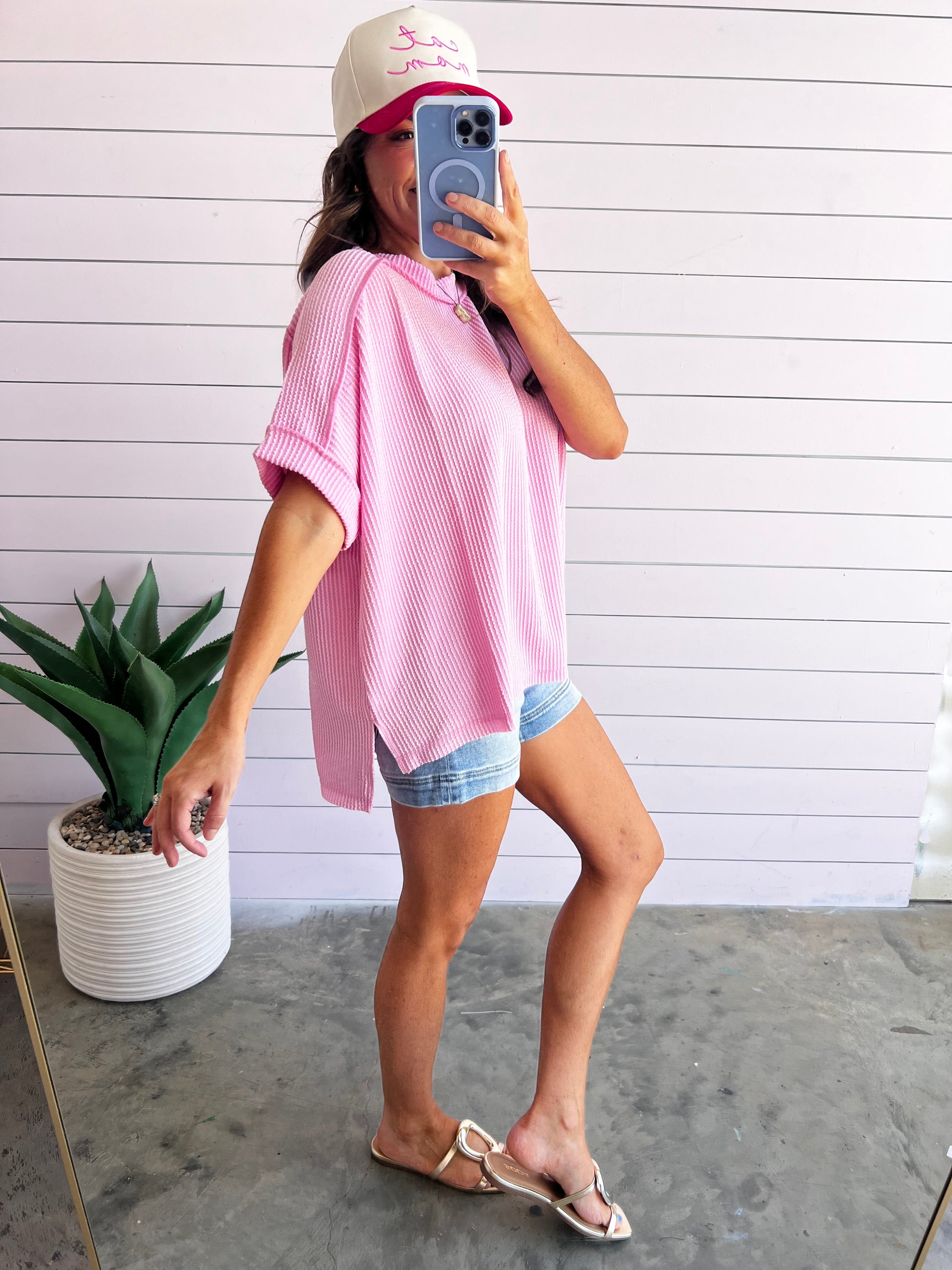 Struck A Cord Short Sleeve  Crew Neck -Pink