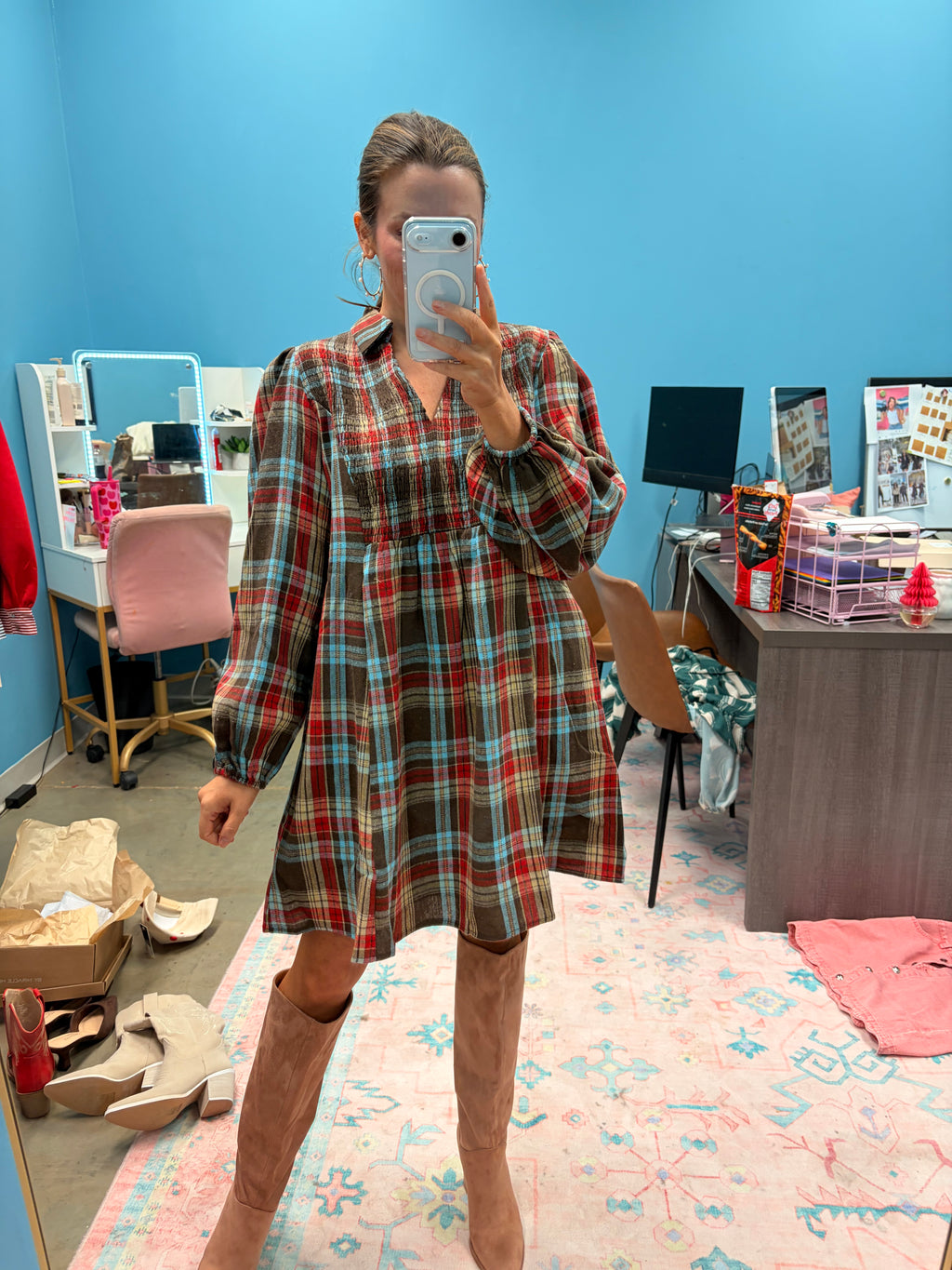 Merry Tartan Mini Dress -  Chocolate