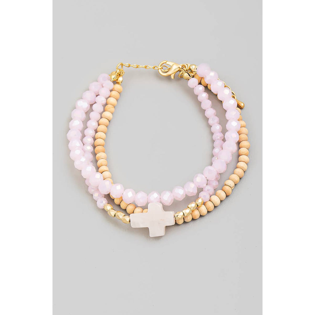 Stone Cross Charm Beaded Bracelet Set-Pink