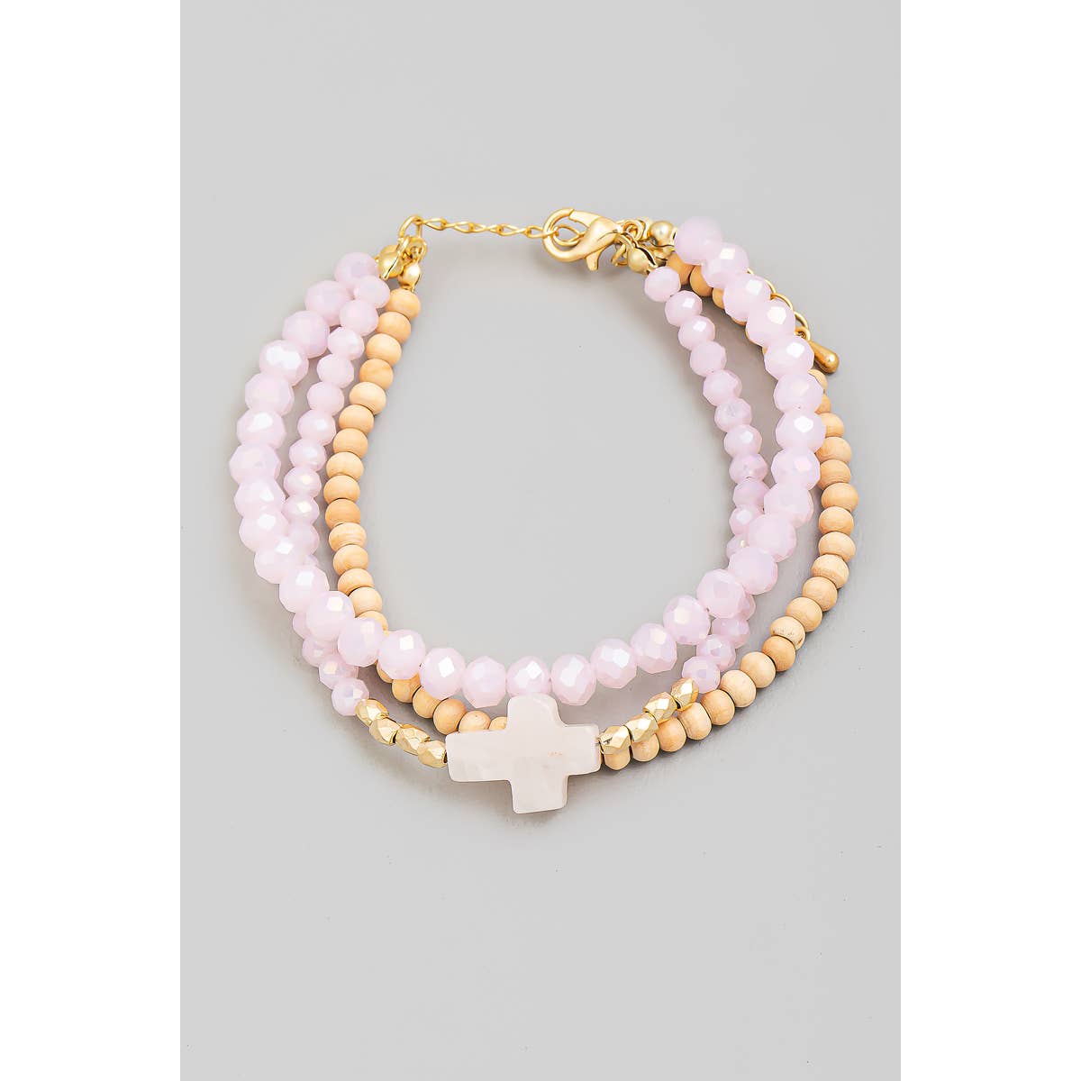 Stone Cross Charm Beaded Bracelet Set-Pink