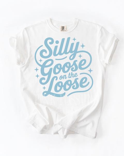Silly Goose on the loose in blue  T-shirt - White