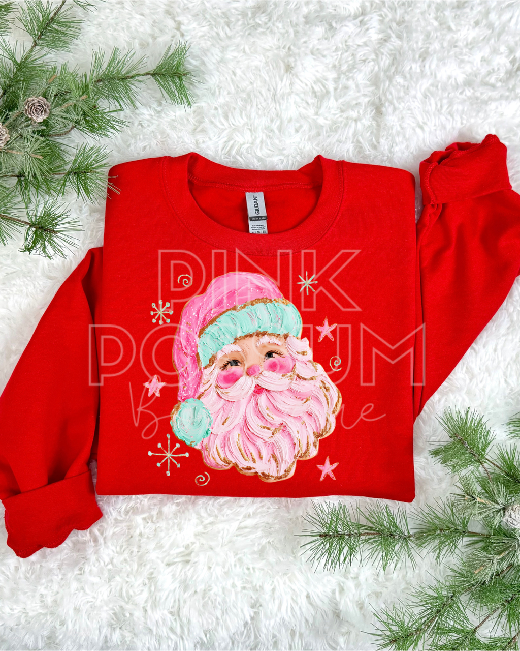 Pink Painted Santa Gildan Sweatshirt- Red