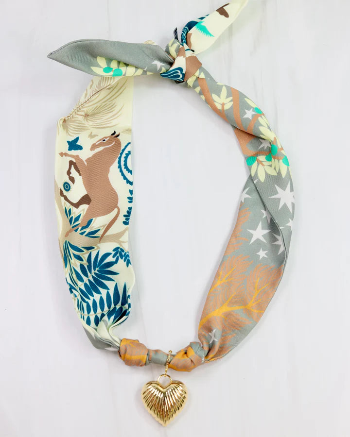 Lillie Charm Scarf Necklace- Tan Teal