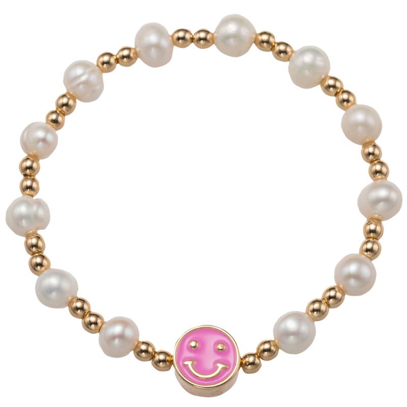 Kids Gold,Pearl Beaded Bracelet with Pink Happy Face