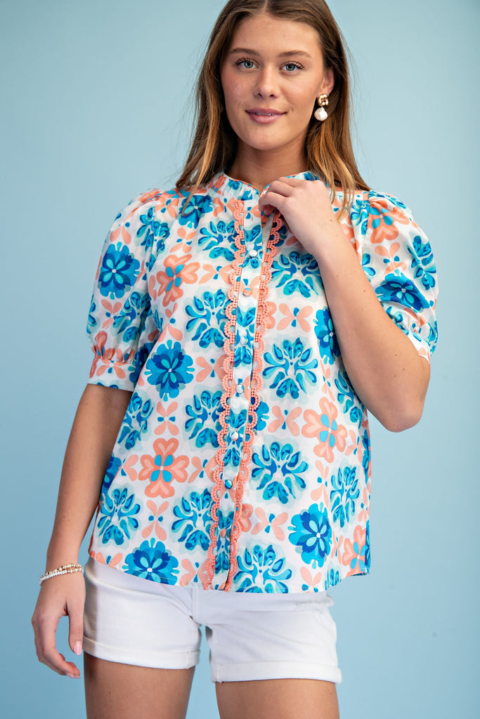 Hard To Forget Blouse - Coral / Blue