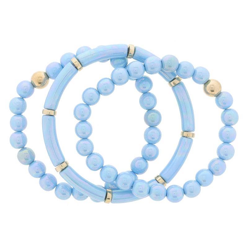 Set of 3, Iridescent Blue Beaded with Gold Beads Bracelet
