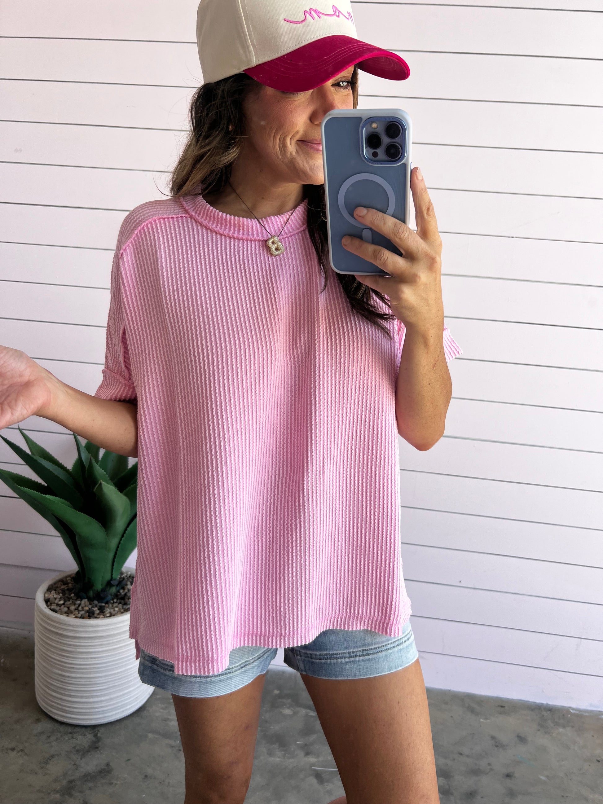 Struck A Cord Short Sleeve  Crew Neck -Pink
