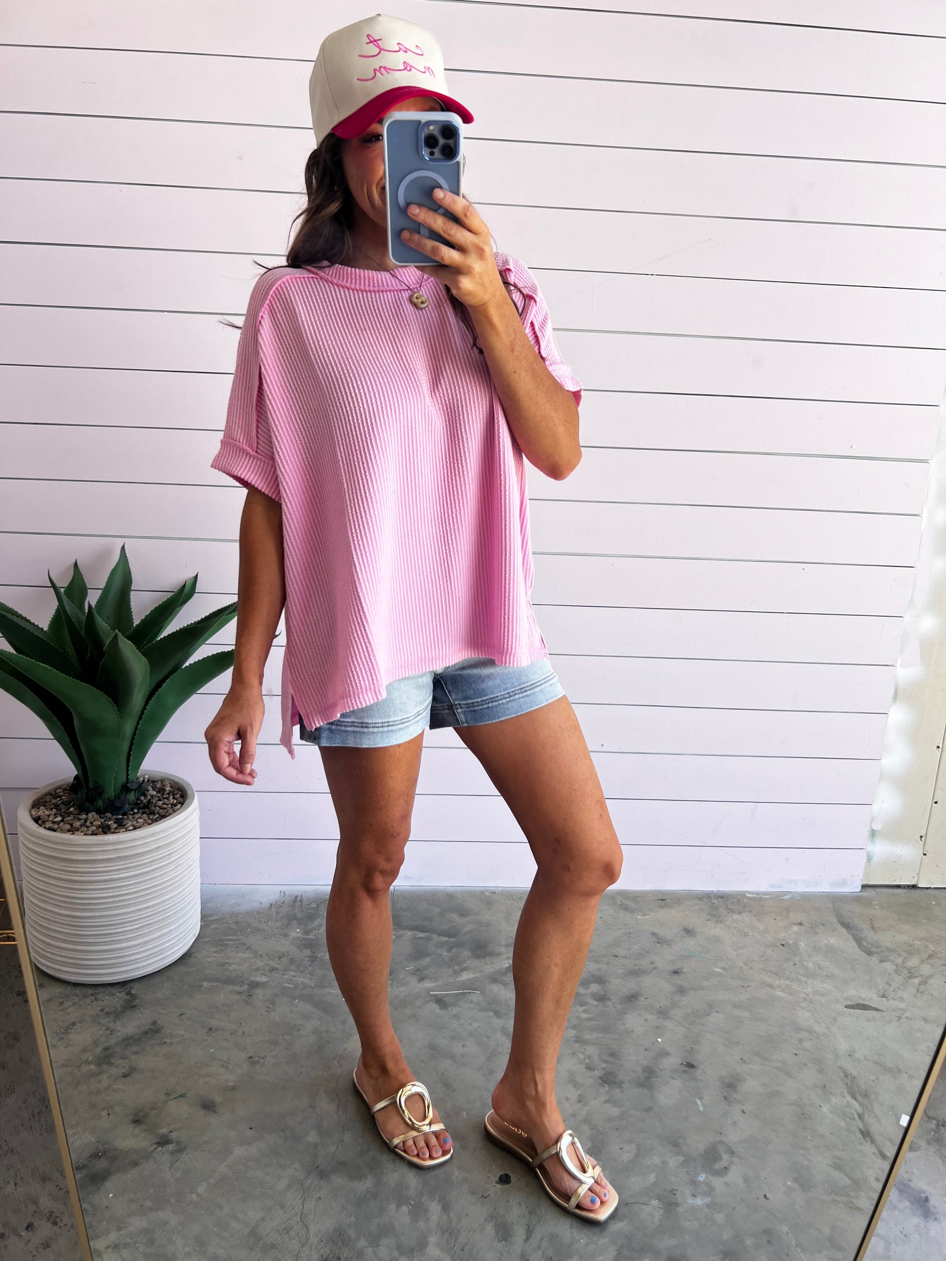 Struck A Cord Short Sleeve  Crew Neck -Pink