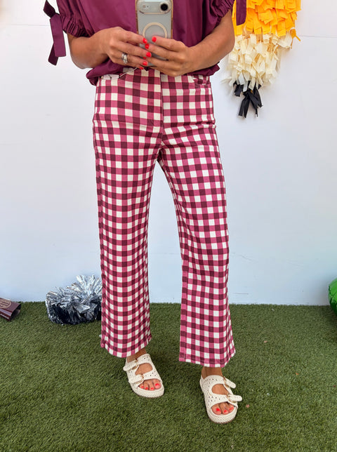 I See You Gingham Pants - Burgundy