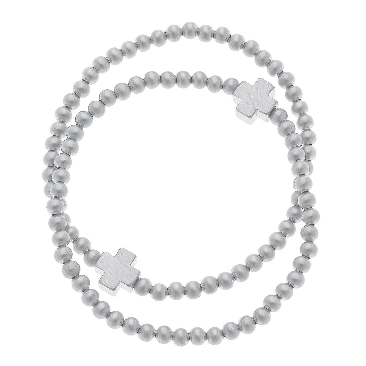 Isa Cross Ball Bead Stretch Bracelets (Set of 2): Satin Gold
