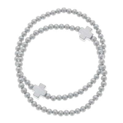 Isa Cross Ball Bead Stretch Bracelets (Set of 2): Satin Gold