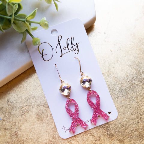 Pink Glitter Breast Cancer Awareness Ribbon Earrings w/Clear ML Stone