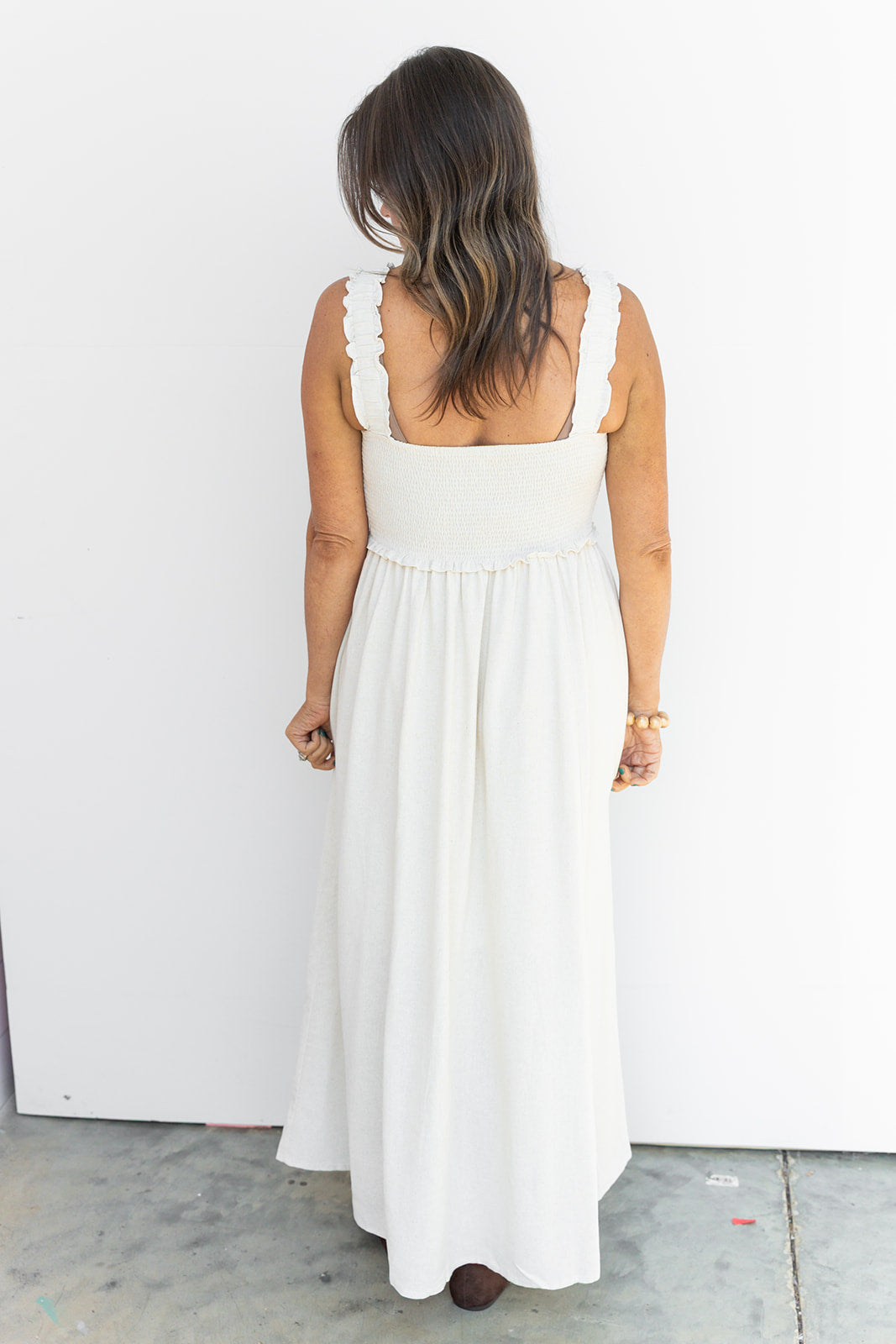 The Meadow Breeze Smocked Midi- Khaki