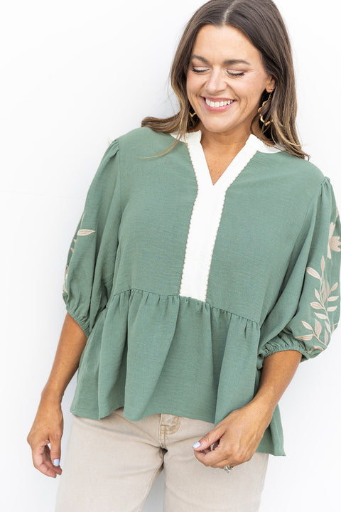 Perfectly Puffed Top- Basil Green