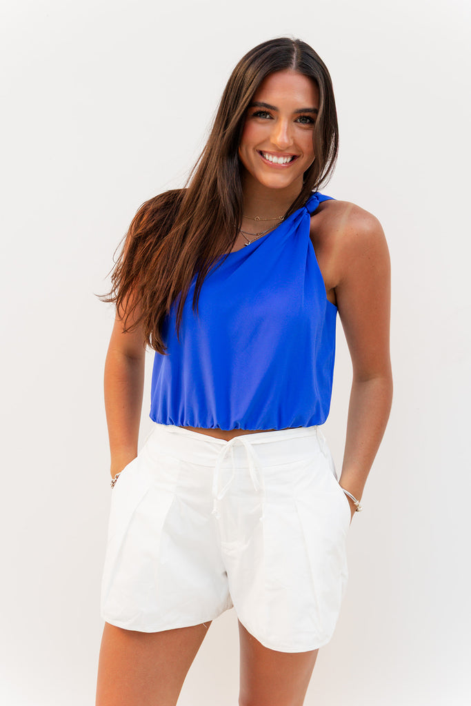 Simple Satin One Shoulder top - Capri Blue