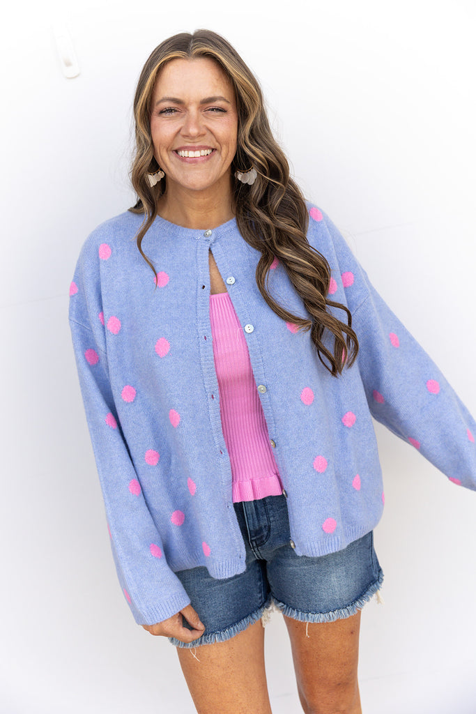 Choosin' Texas Cardigan - Pink/ Blue Poolka Dot