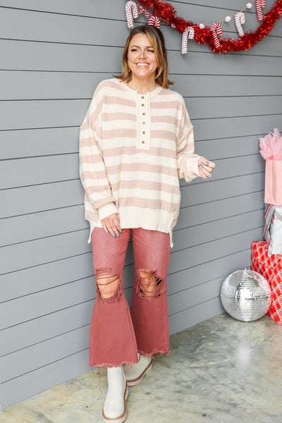Snowflake Striped Sweater - Taupe