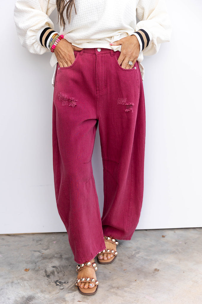 Vivid Fade Barrel Jeans - Washed Burgundy