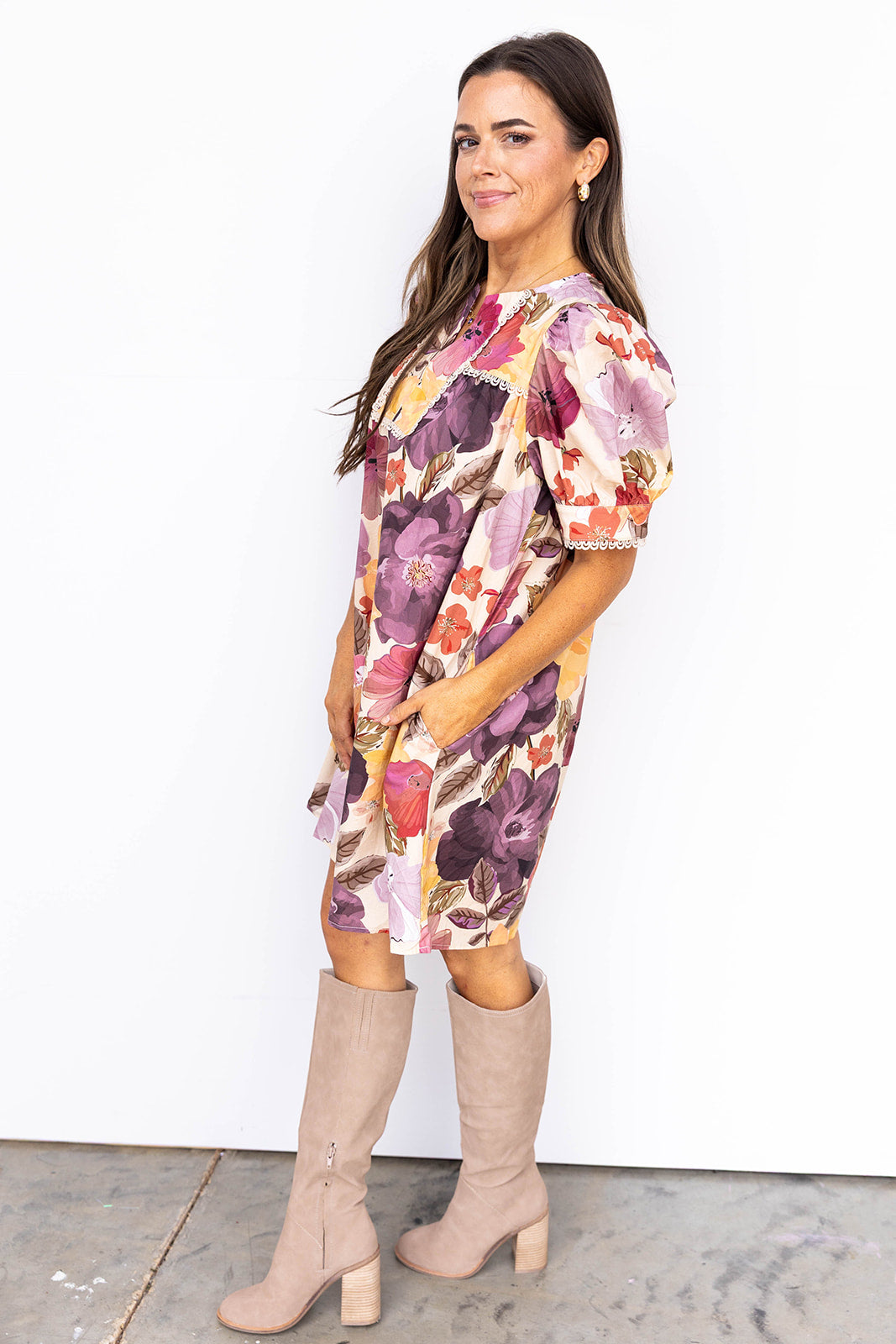 Dark Fall Florals Mini Dress - Ecru