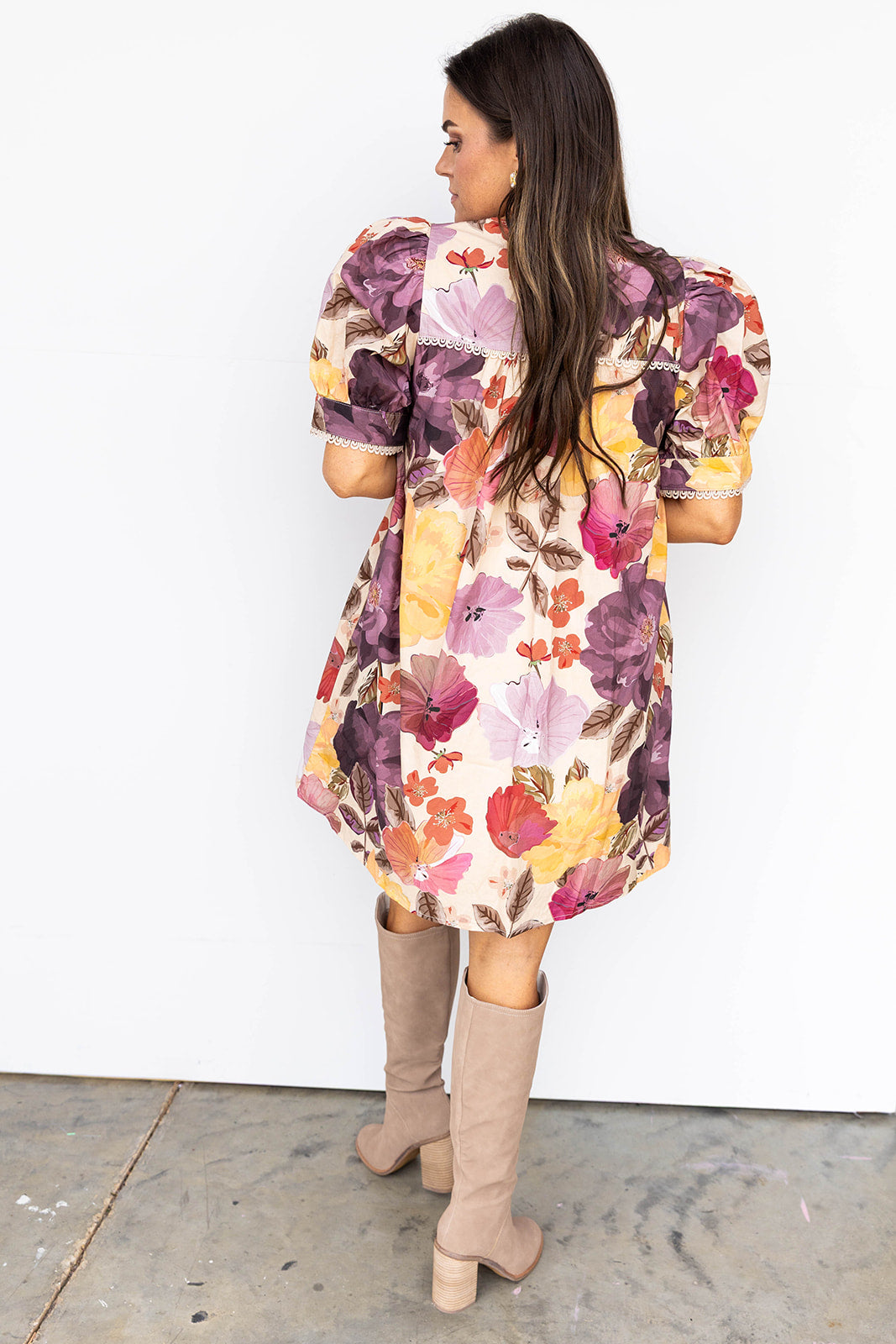 Dark Fall Florals Mini Dress - Ecru