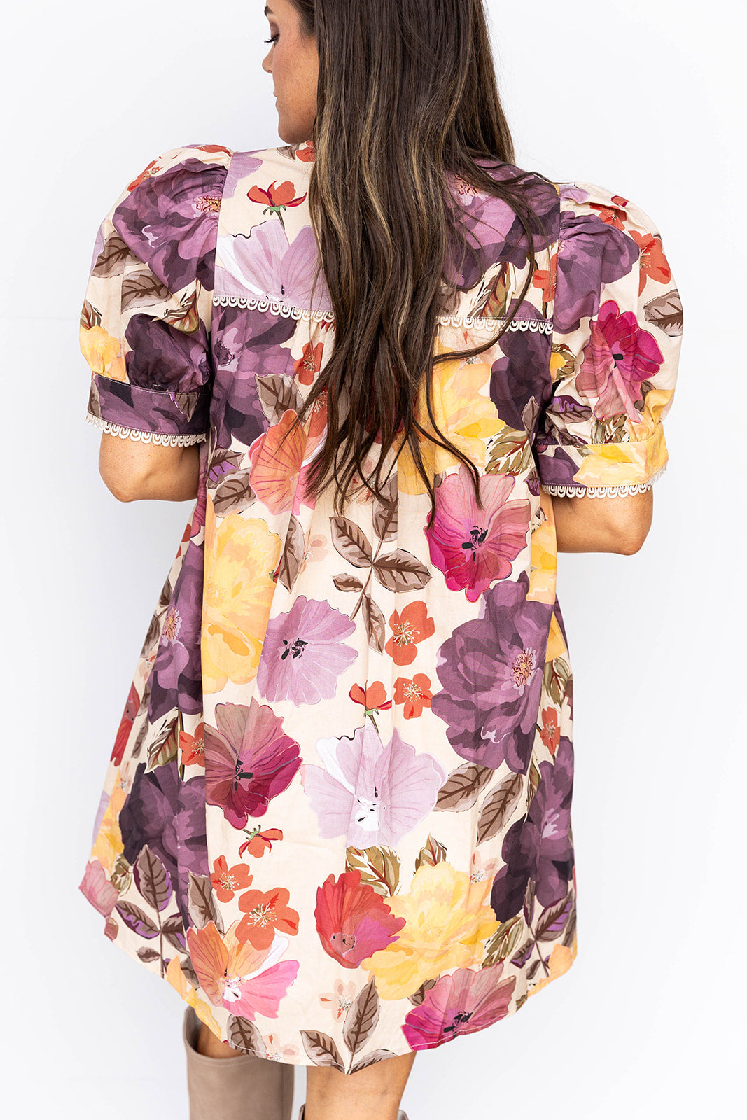 Dark Fall Florals Mini Dress - Ecru