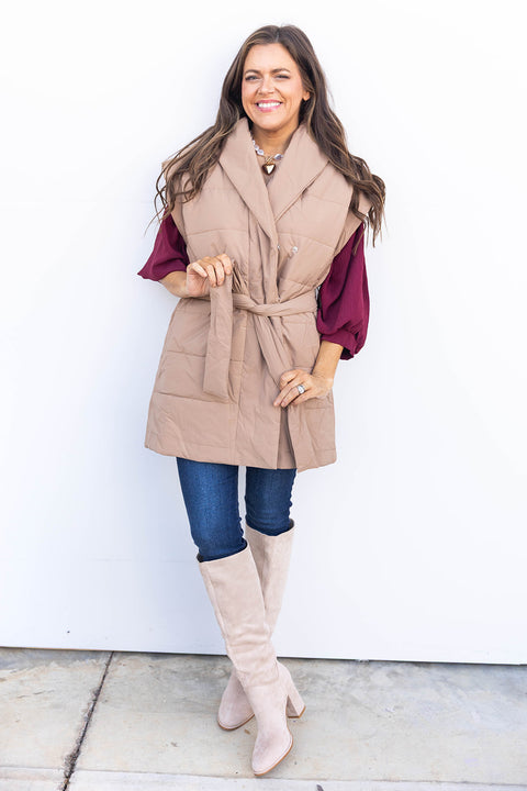 Wrapped Up Puffer Vest - Taupe