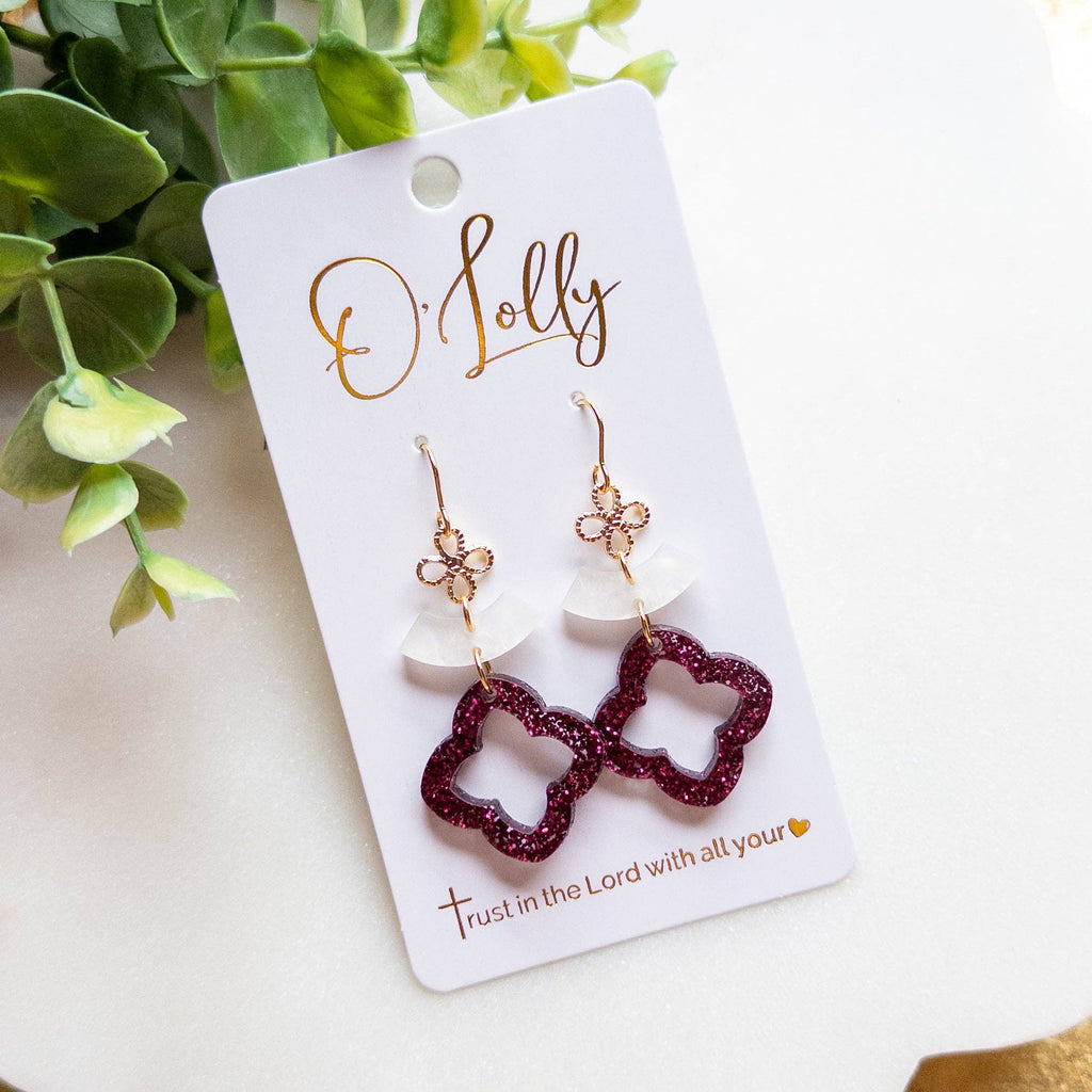 Maroon Glitter Clover Drop Earrings with Gold Accent “Fanna”