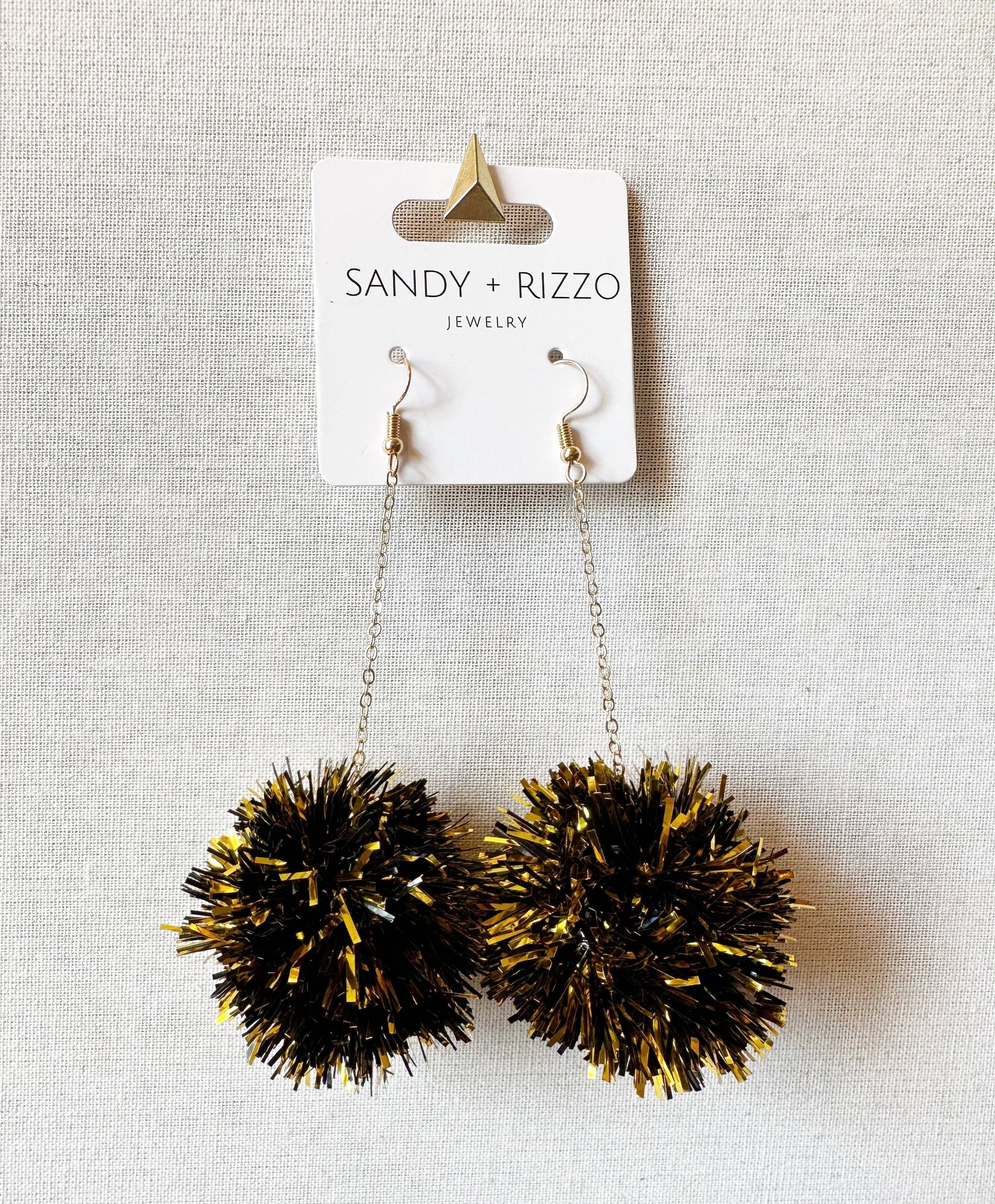 Black and Gold Tinsel Pom Dangle